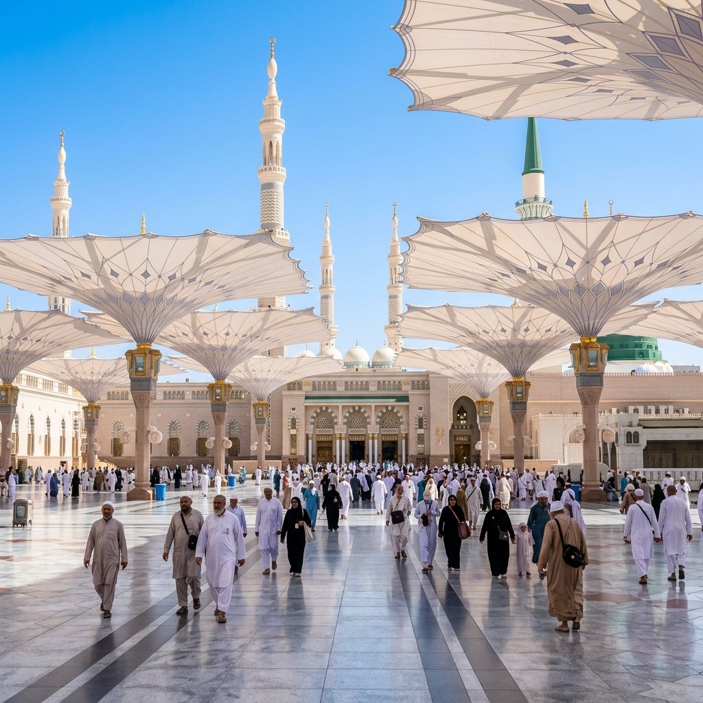 Masjid an-Nabawi courtyard with shading umbrellas in Madinah