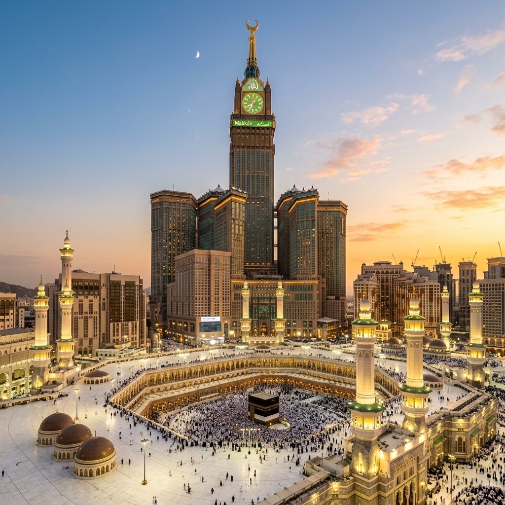 Makkah Clock Tower soaring above Masjid al-Haram minarets